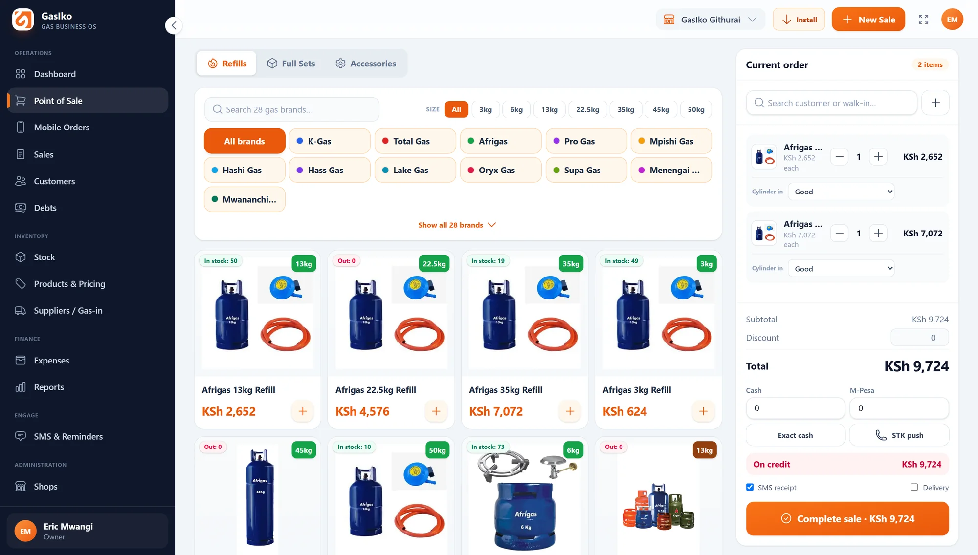 Gasiko point of sale — cylinder catalogue, live stock and the current order till